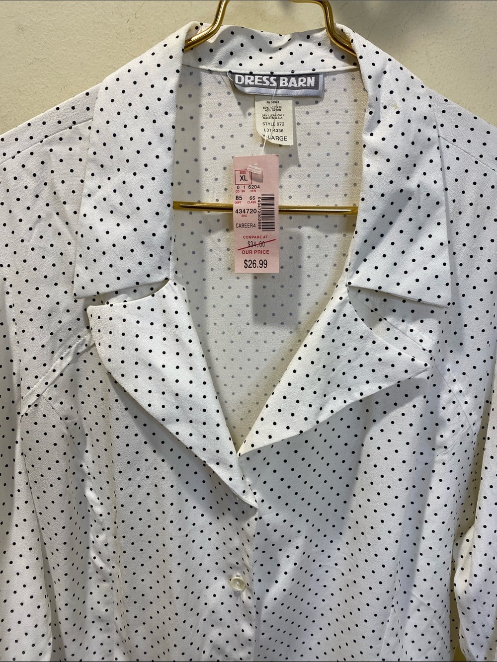 Dress Barn Vintage White Blouse with Black Polka Dots Neck Collar Size Xl NWT - Picture 3 of 9